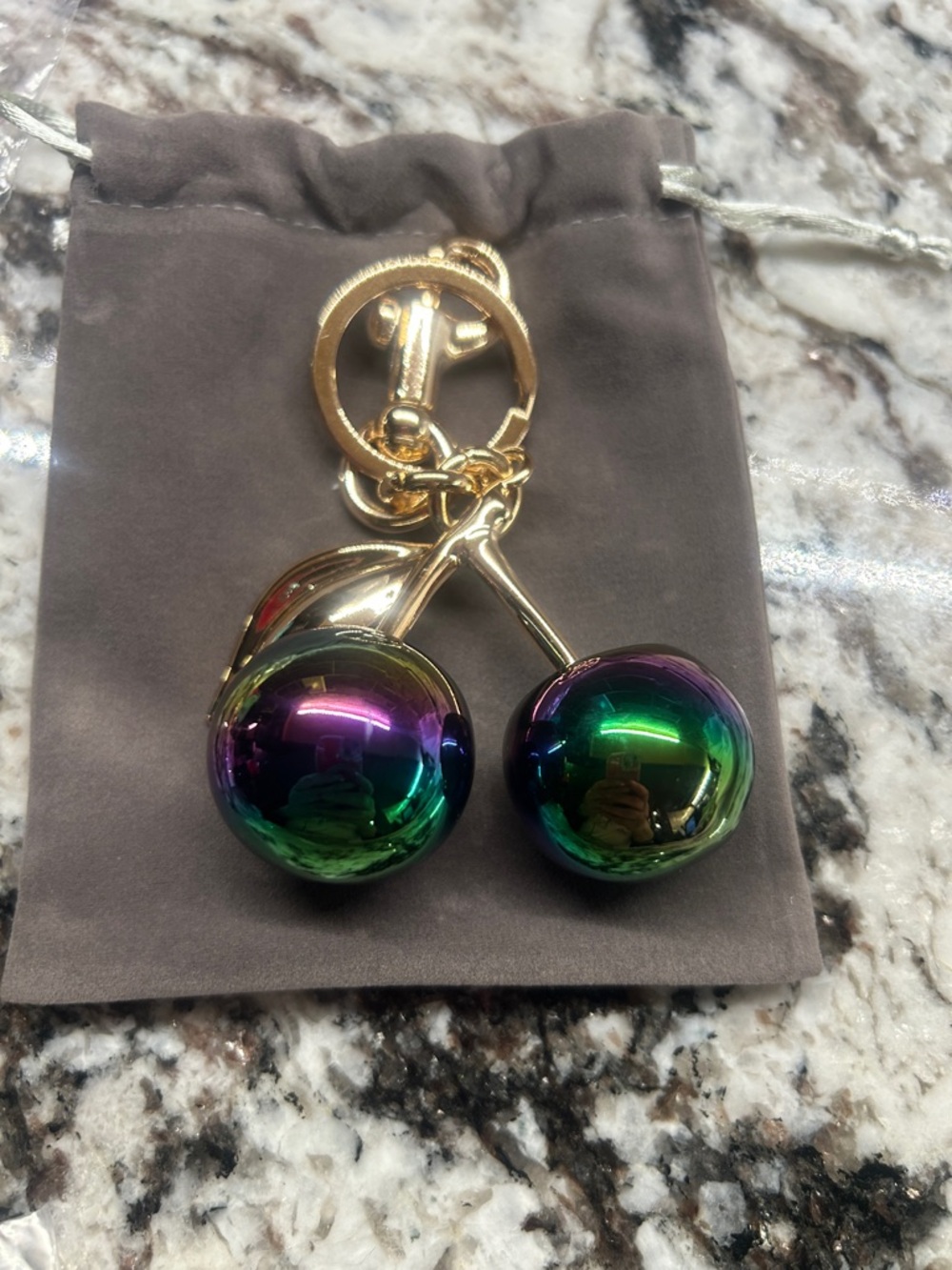 Iridescent Cherry Keychain with Gold Hardware with dust bag